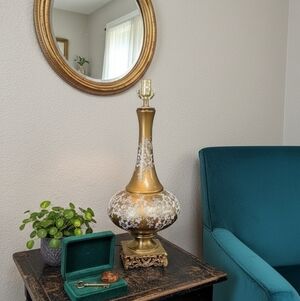 Vintage Gold Lamp White Lace Floral Pattern Hollywood Regency Baroque Base 21"